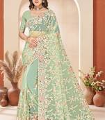 Green sequin zari resham embroidery work net saree sari for women
