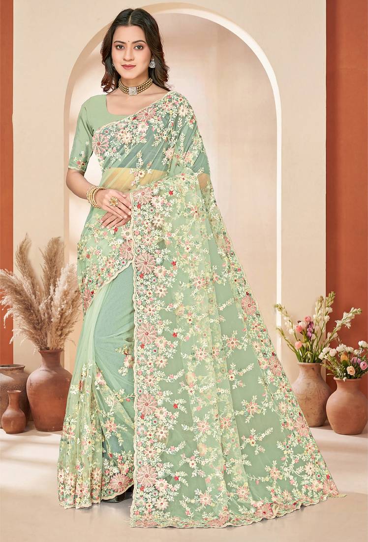 Green sequin zari resham embroidery work net saree sari for women