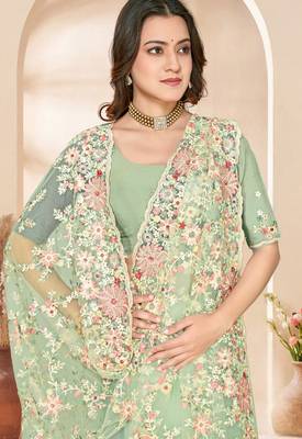 Green sequin zari resham embroidery work net saree sari for women 2