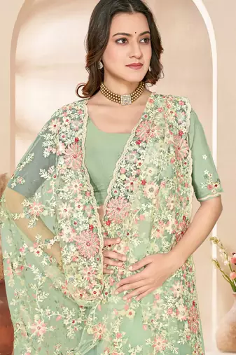 Green sequin zari resham embroidery work net saree sari for women