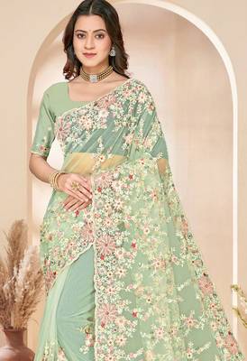Green sequin zari resham embroidery work net saree sari for women 3