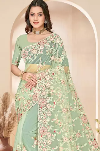 Green sequin zari resham embroidery work net saree sari for women