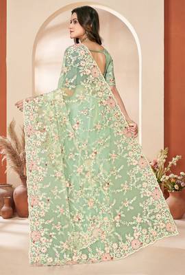 Green sequin zari resham embroidery work net saree sari for women 4