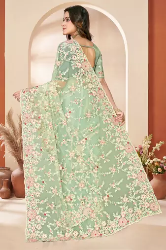 Green sequin zari resham embroidery work net saree sari for women