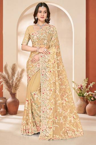 Beige sequin zari resham embroidery work net saree sari for women