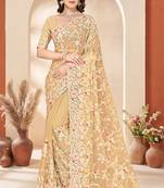 Beige sequin zari resham embroidery work net saree sari for women