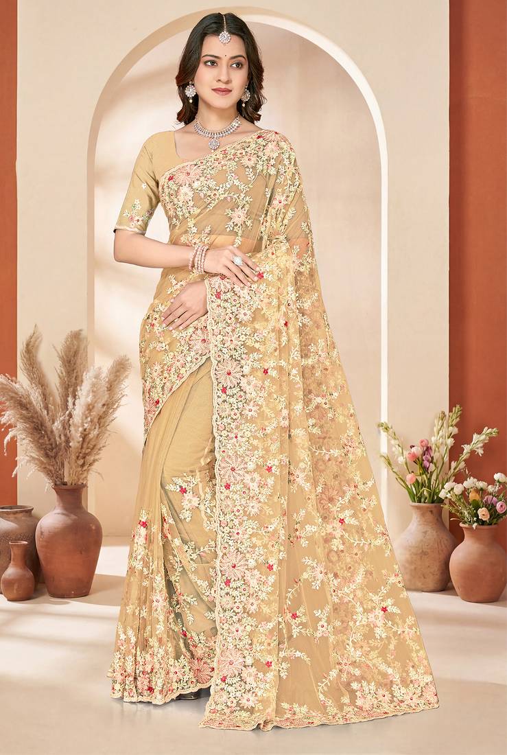 Beige sequin zari resham embroidery work net saree sari for women