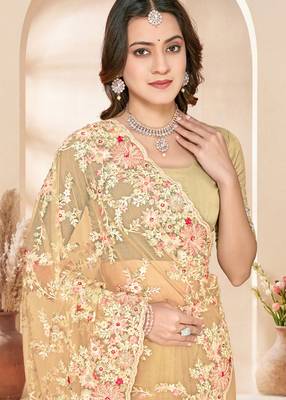 Beige sequin zari resham embroidery work net saree sari for women 2