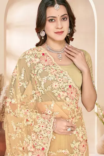 Beige sequin zari resham embroidery work net saree sari for women