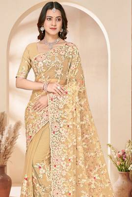 Beige sequin zari resham embroidery work net saree sari for women 3