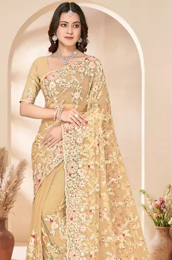 Beige sequin zari resham embroidery work net saree sari for women