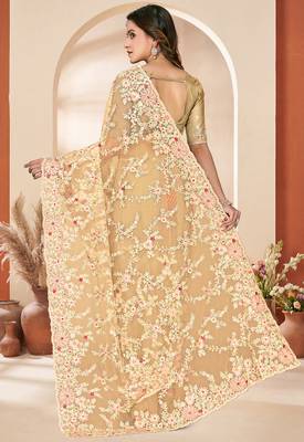 Beige sequin zari resham embroidery work net saree sari for women 4