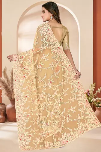 Beige sequin zari resham embroidery work net saree sari for women