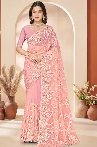 Peach sequin zari resham embroidery work net saree sari for women