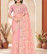 Peach sequin zari resham embroidery work net saree sari for women