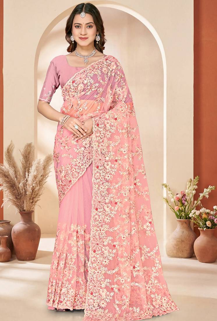 Peach sequin zari resham embroidery work net saree sari for women