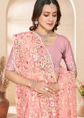 Peach sequin zari resham embroidery work net saree sari for women 2