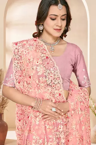 Peach sequin zari resham embroidery work net saree sari for women