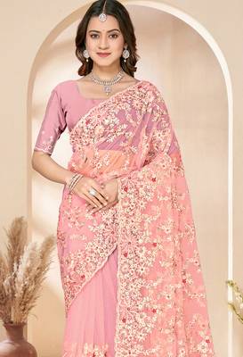 Peach sequin zari resham embroidery work net saree sari for women 3