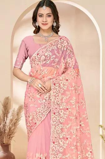 Peach sequin zari resham embroidery work net saree sari for women
