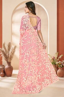 Peach sequin zari resham embroidery work net saree sari for women 4