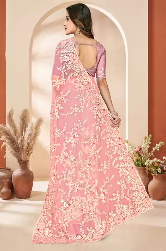 Peach sequin zari resham embroidery work net saree sari for women