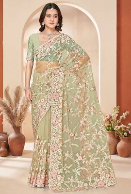 Green sequin zari resham embroidery work net saree sari for women 1