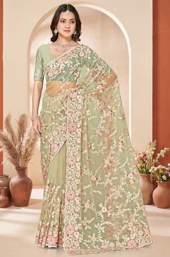 Green sequin zari resham embroidery work net saree sari for women
