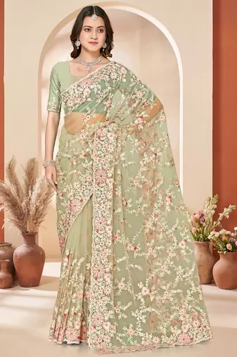 Green sequin zari resham embroidery work net saree sari for women