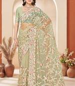 Green sequin zari resham embroidery work net saree sari for women