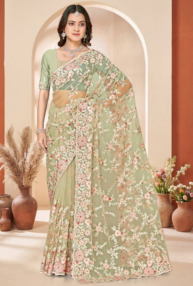 Green sequin zari resham embroidery work net saree sari for women