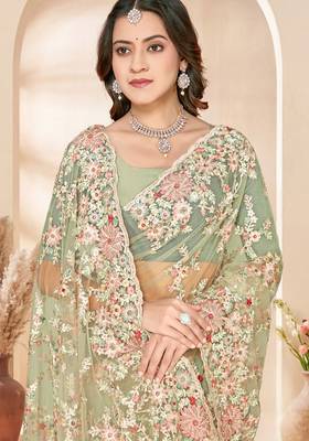 Green sequin zari resham embroidery work net saree sari for women 2