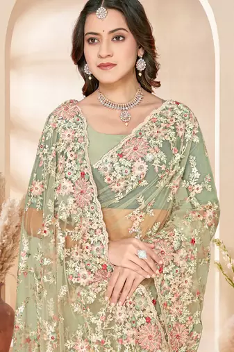 Green sequin zari resham embroidery work net saree sari for women