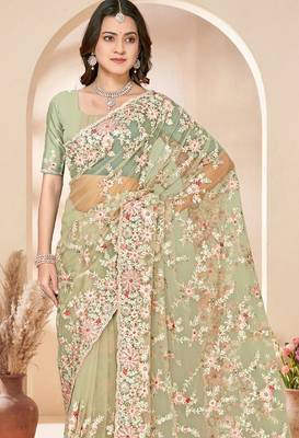 Green sequin zari resham embroidery work net saree sari for women 3