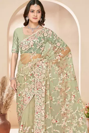 Green sequin zari resham embroidery work net saree sari for women