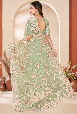 Green sequin zari resham embroidery work net saree sari for women 4