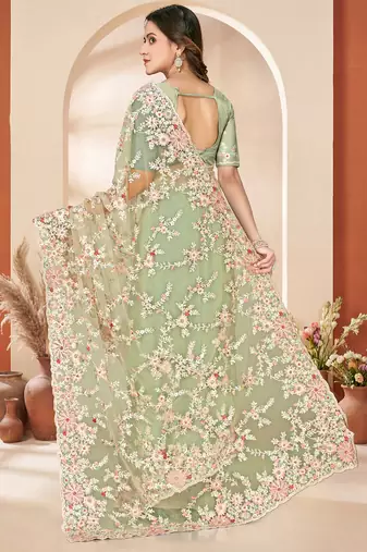 Green sequin zari resham embroidery work net saree sari for women