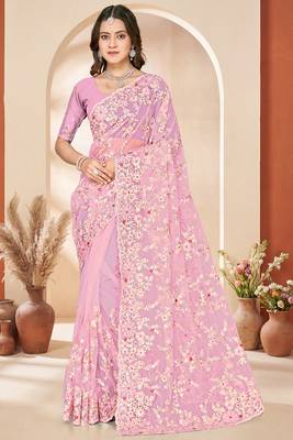Pink sequin zari resham embroidery work net saree sari for women 1