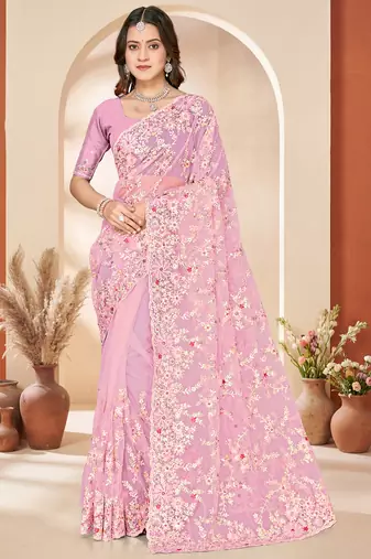 Pink sequin zari resham embroidery work net saree sari for women