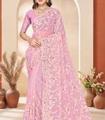 Pink sequin zari resham embroidery work net saree sari for women