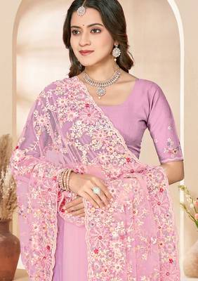 Pink sequin zari resham embroidery work net saree sari for women 2