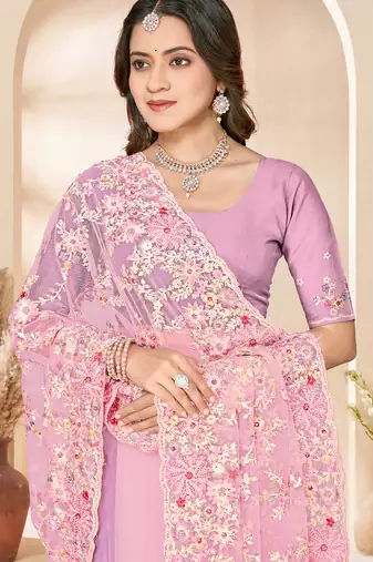 Pink sequin zari resham embroidery work net saree sari for women