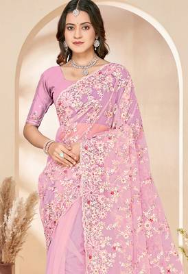 Pink sequin zari resham embroidery work net saree sari for women 3
