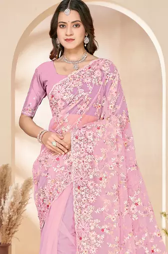 Pink sequin zari resham embroidery work net saree sari for women