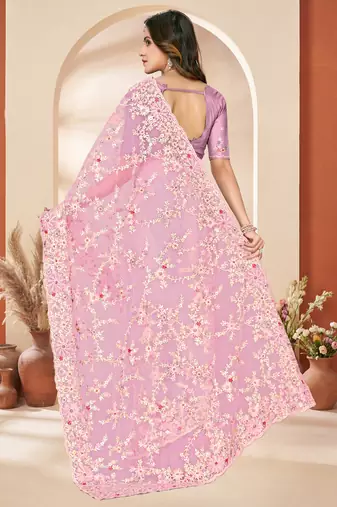 Pink sequin zari resham embroidery work net saree sari for women
