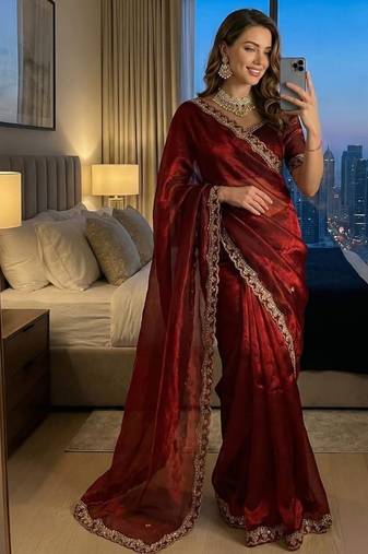 Red color sequence work Sartin Saree