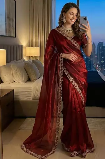 Red color sequence work Sartin Saree