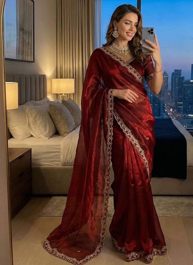 Red color sequence work Sartin Saree