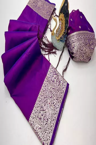 Purple soft banarasi silk fabric saree with natural zari weaving in gala border
