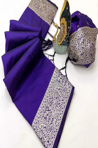 Violet soft banarasi silk fabric saree with natural zari weaving in gala border